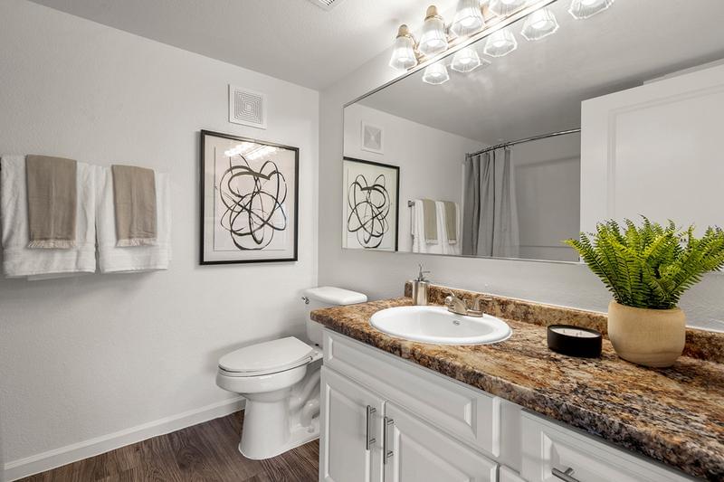 Bathroom | Our bathrooms come with gorgeous granite-style countertops and plenty of storage with cabinetry below and a medicine cabinet too!