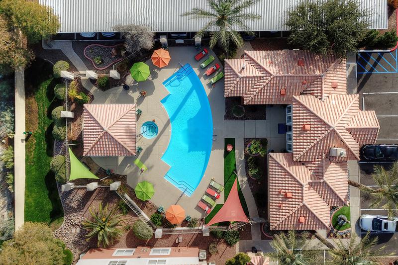 Aerial View of Sundeck | The residents can enjoy resort-style living right in their backyard with our luxurious pool and gazebo!
