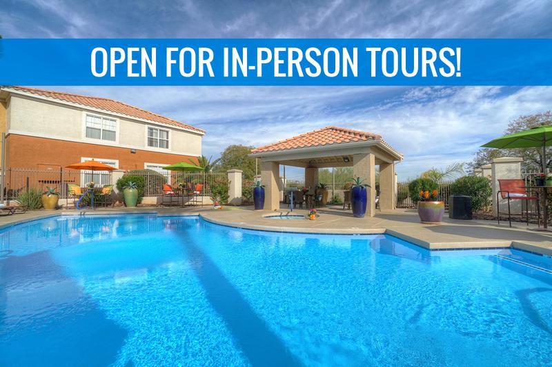 Resort-Style Pool | On a beautiful sunny day, hang out pool-side and grill up some delicious eats with our stainless steel grill! We are excited to offer in-person tours while following social distancing and we encourage all visitors to wear a face covering.