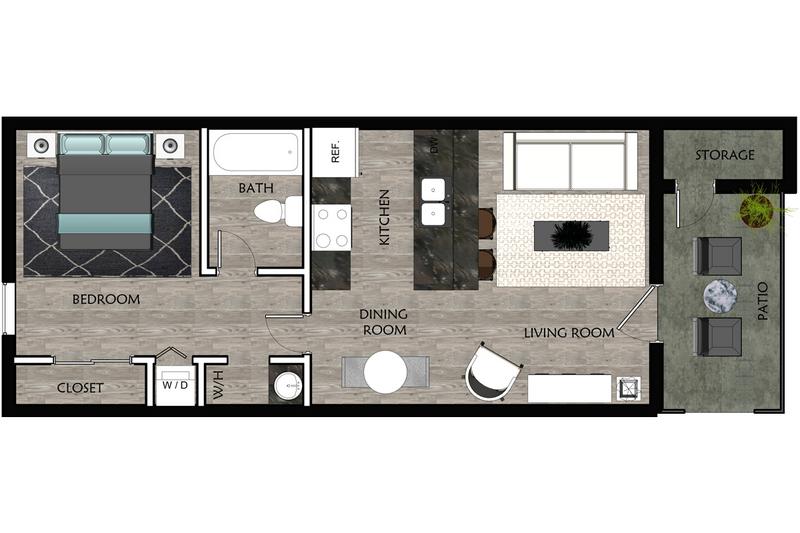2D | The Helm contains 1 bedroom and 1 bathroom in 497 square feet of living space.