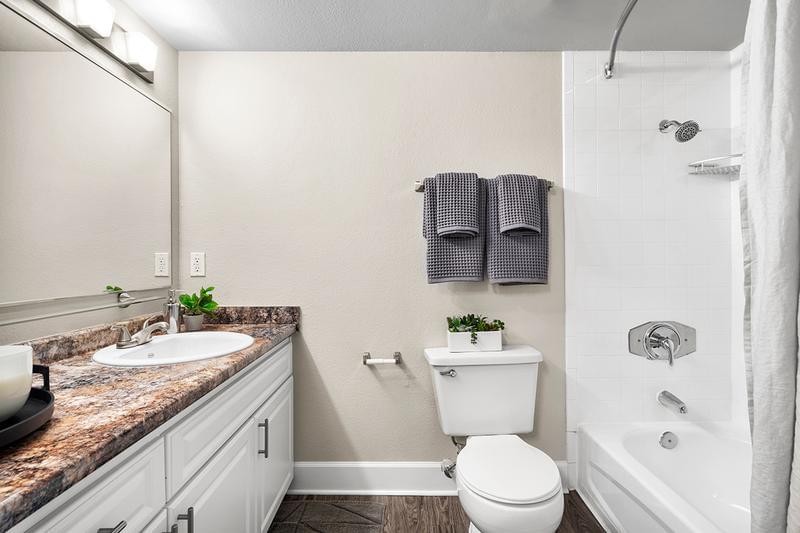 Bathroom | Newly remodeled bathrooms featuring updated counter tops, large mirrors and wood-style flooring.