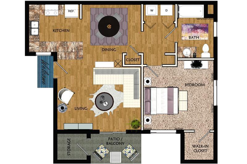 2D | The Capri contains 1 bedroom and 1 bathroom in 855 square feet of living space.