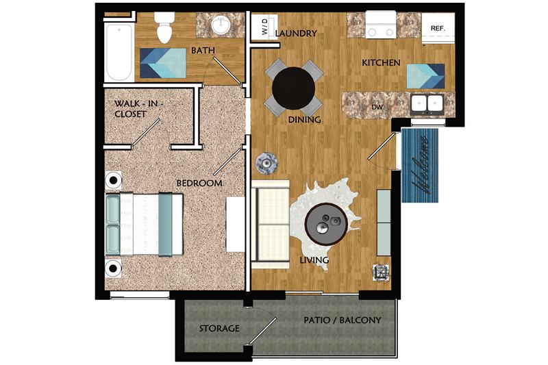 2D | The Newport contains 1 bedroom and 1 bathroom in 574 square feet of living space.