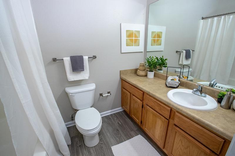 Master Bathroom | Master bedrooms feature a master bath with an oversized vanity, wood-style flooring, and large mirror.