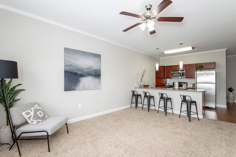 Spacious Living Room | Spacious open living rooms featuring multi-speed ceiling fans, plush carpeting and large windows.