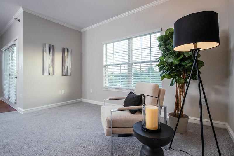 Open Living Room Area | Spacious open living rooms featuring multi-speed ceiling fans, plush carpeting and large windows.