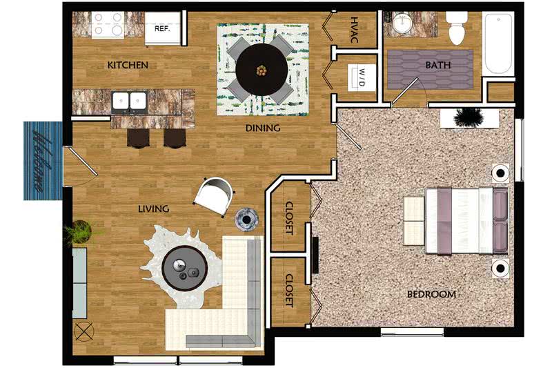 2D | The Sable contains 1 bedroom and 1 bathroom in 650 square feet of living space.