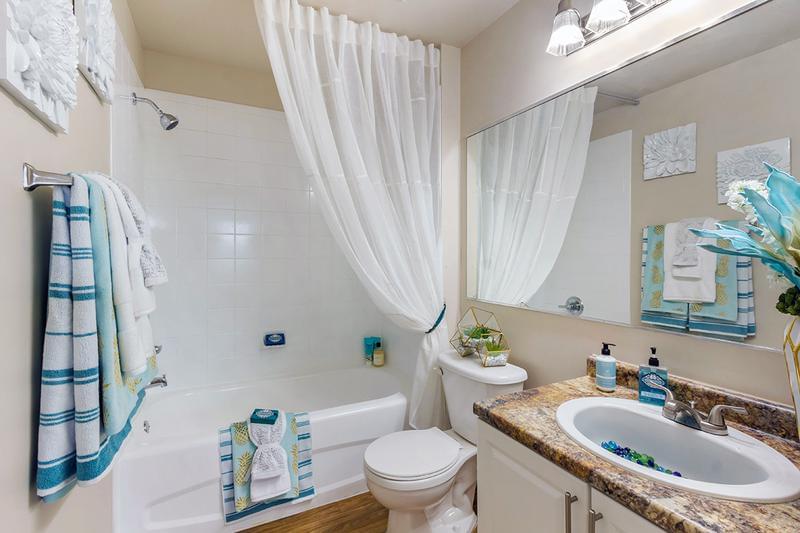 Guest Bathroom | Bathrooms feature large mirrors, and wood-style flooring.
