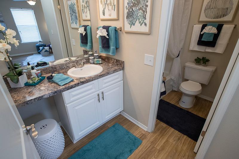Bathroom | Updated bathrooms featuring large mirrors and new countertops and cabinetry coming soon!
