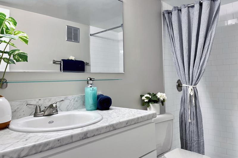 Bathroom with Stand Up Shower* | Other bathrooms feature a stand-up shower, wood-style flooring, and oversized mirrors. *In select units.