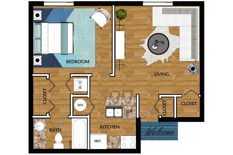 2D | The Alibi contains 1 bedroom and 1 bathroom in 565 square feet of living space.