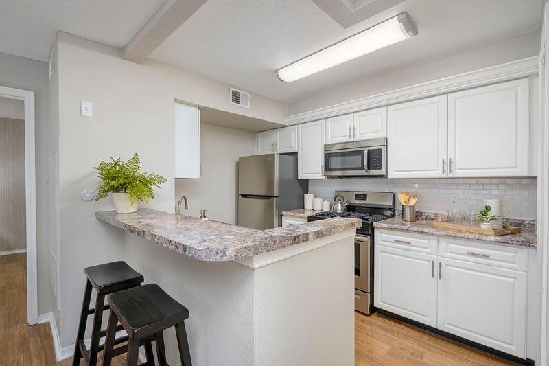 Kitchen | Kitchens feature stainless steel appliances, granite-style countertops, and wood-style flooring.