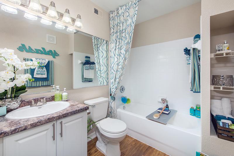 Updated Bathrooms | Bright bathrooms featuring wood-style flooring, granite-style counter tops and large mirrors.