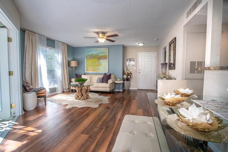 Living Room | Large living rooms with an abundance of natural light and can fit just about any sofa you desire. Each newly remodeled apartment home has a new ceiling fan in the living room and all updated light fixtures as well. We are excited to offer in-person tours while following social distancing and we encourage all visitors to wear a face covering.