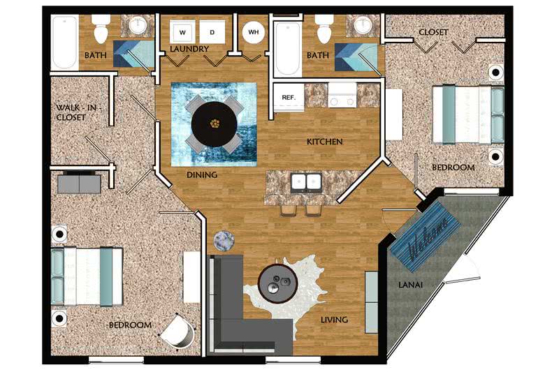 2D | The Canary contains 2 bedrooms and 2 bathrooms in 1030 square feet of living space.