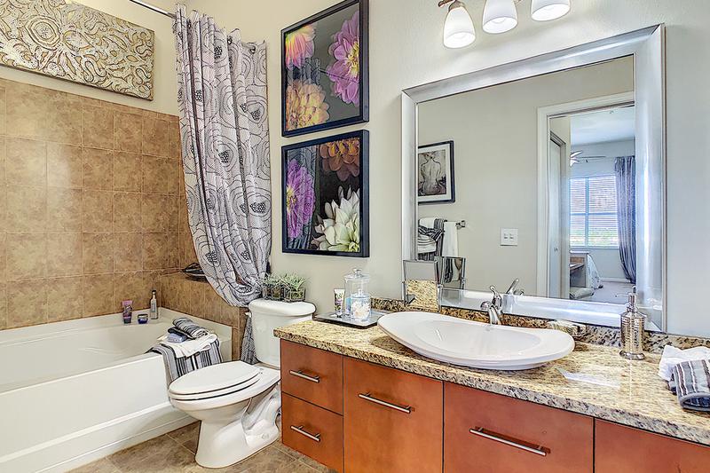 Master Bathroom | Master bathrooms featuring granite-style counter tops, wood-style flooring, and large mirrors.
