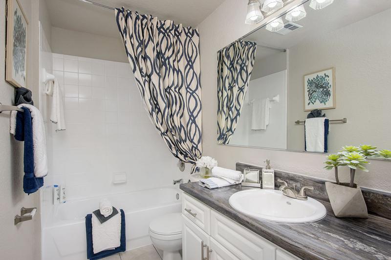 Updated Bathrooms | Newly remodeled bathrooms featuring black fusion counter tops, wood-style flooring, and large mirrors.