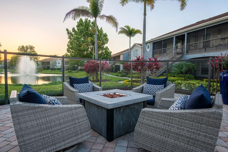 Fire Pit at Night | Enjoy watching the sunset over the lake at our fire pit.