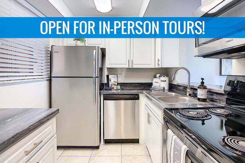 Kitchen | We are excited to offer in-person tours while following social distancing and we encourage all visitors to wear a face covering. Newly renovated kitchens featuring black fusion countertops and ample cabinetry.