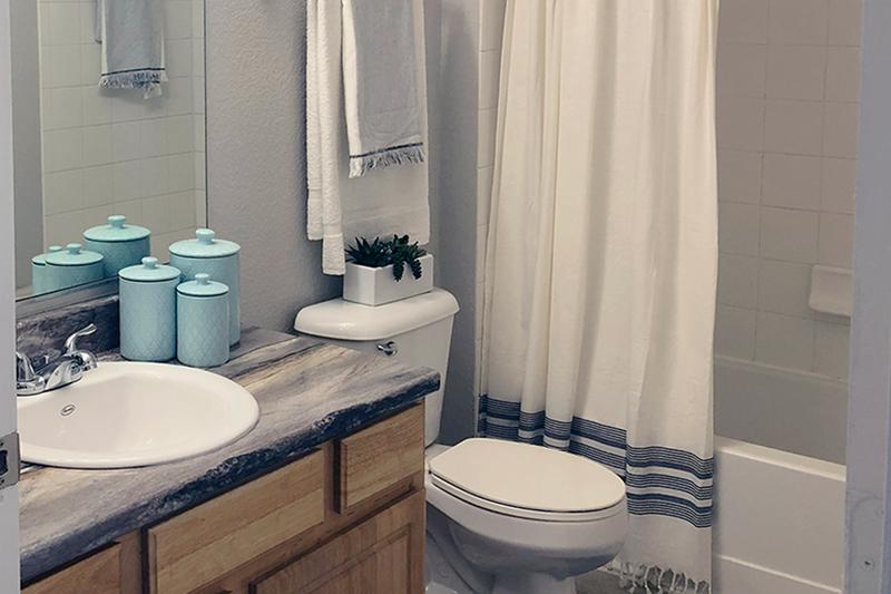 Updated Bathrooms | Our renovated apartment homes feature black fusion coutnertops, and wood-style flooring.
