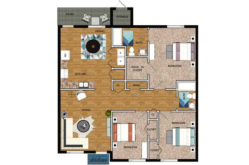 2D | The Jekyll contains 3 bedrooms and 2 bathrooms in 1094 square feet of living space.