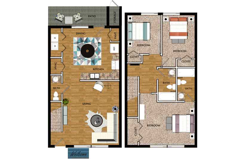 2D | The St. Simon contains 3 bedrooms and 2.5 bathrooms in 1196 square feet of living space.