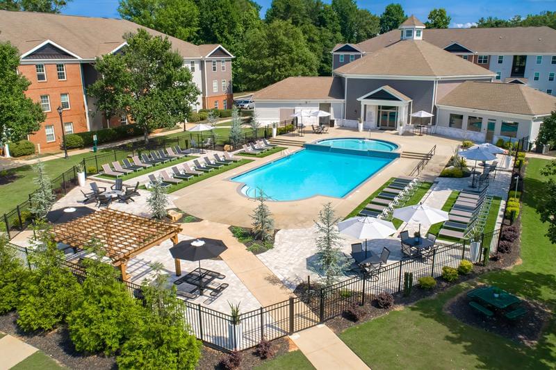 Aerial View of Pool | A bird's eye view of our beautiful resort-style pool and expansive sundeck.
