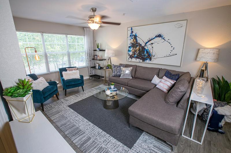 Spacious Living Rooms | Spacious living rooms featuring large windows and a ceiling fan.