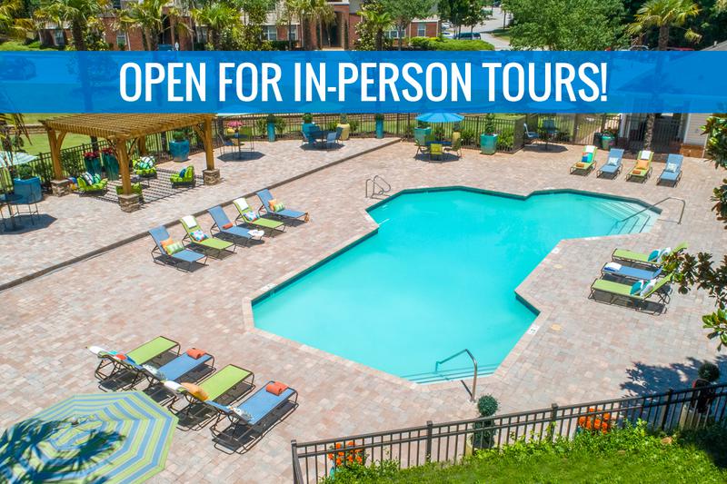 Resort-Style Swimming Pool | Our pool deck offers brand new furniture and large open pool deck for our residents to enjoy. We are excited to offer in-person tours while following social distancing and we encourage all visitors to wear a face covering.