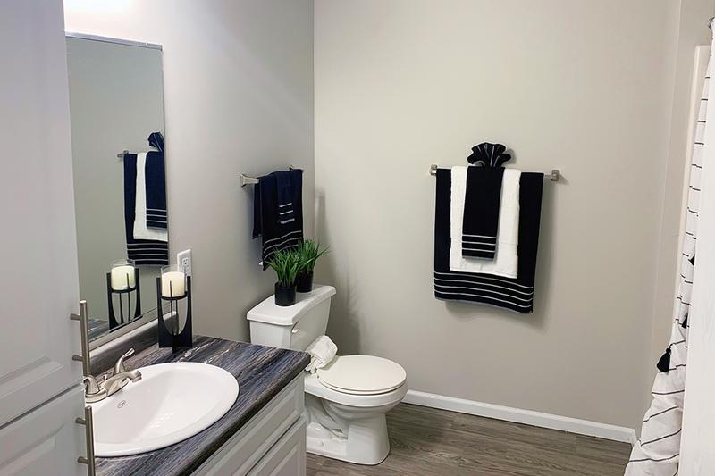 Bathroom | Newly renovated bathrooms featuring wood-style flooring, black fusion countertops, large mirrors, and medicine cabinets.