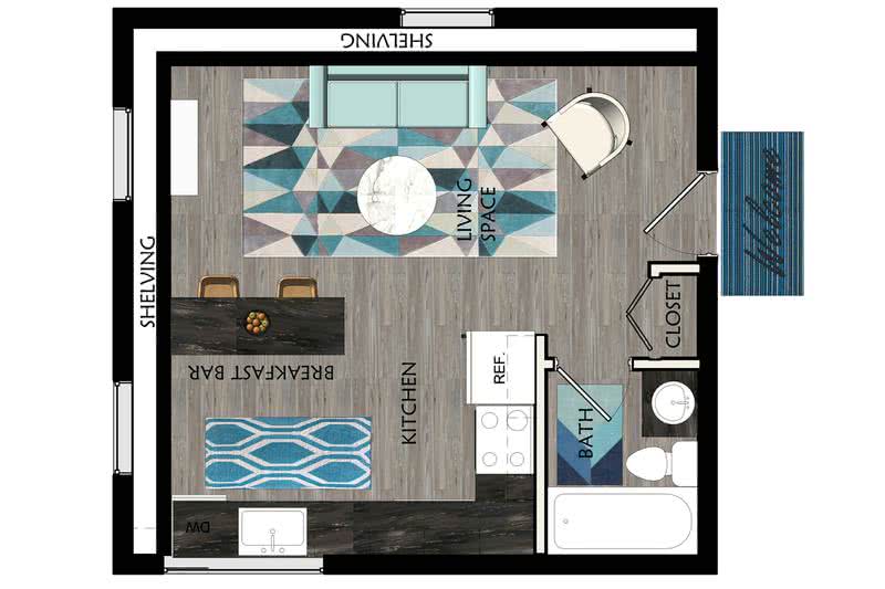 2D | The Hampshire is a studio with 400 square feet of living space.
