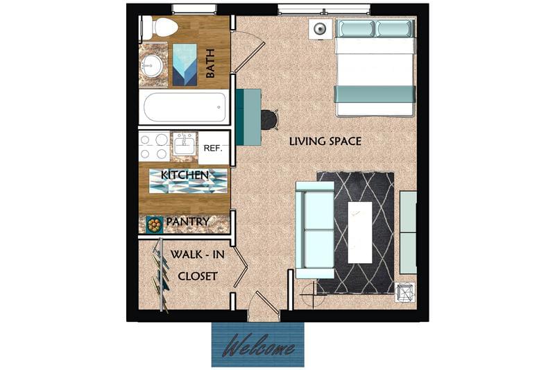 2D | The Classic is a studio with 325 square feet of living space.