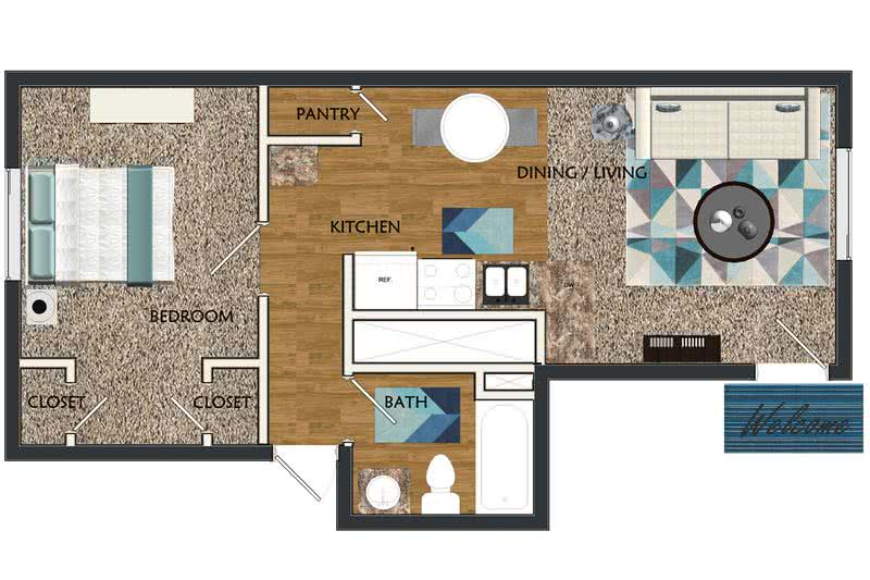 2D | The Sunrise contains 1 bedroom and 1 bathroom in 525 square feet of living space.