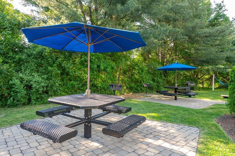 Picnic and Grilling Area | Have a cookout at our picnic area featuring multiple tables with umbrellas, and charcoal grills.