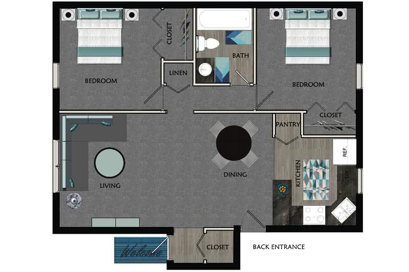 2D | The New England contains 2 bedrooms and 1 bathrooms in 850 square feet of living space.