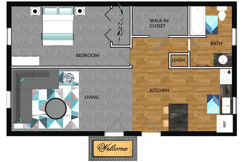 2D | The Woodhaven contains 1 bedroom and 1 bathroom in 726 square feet of living space.