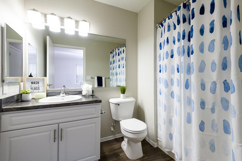 Master Bathroom | Bathrooms featuring black fusion counter tops and wood-style flooring.