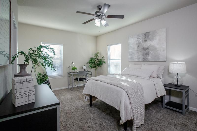 Furnished Bedroom | Each furnished bedroom includes a full size bed frame, nightstand, dresser, desk and chair.