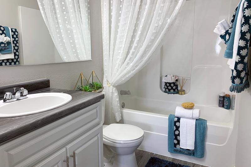 Renovated Bathrooms | Newly renovated bathrooms featuring wood-style flooring, black fusion countertops, and large mirrors.
