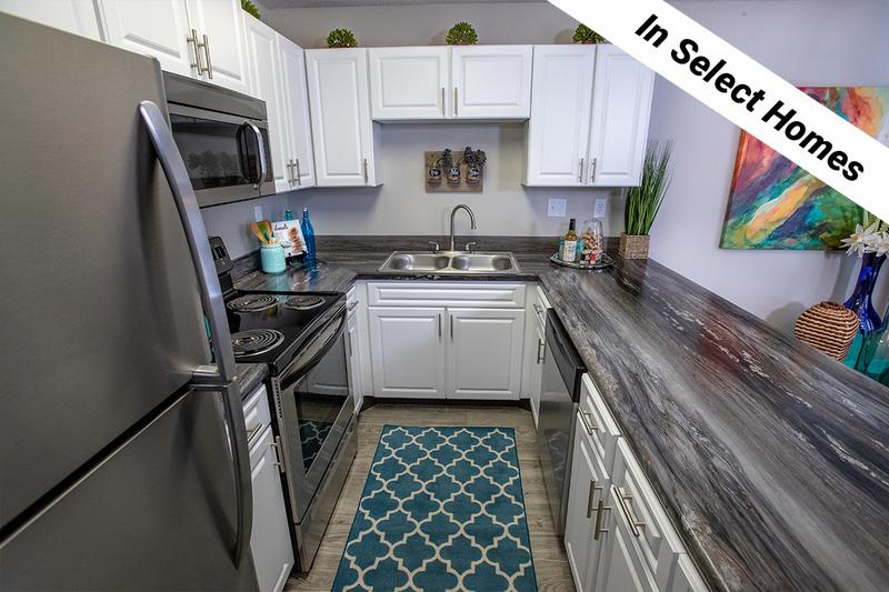 Renovated Kitchens | Newly renovated kitchens featuring wood-style flooring, black fusion countertops, and stainless steel appliances.