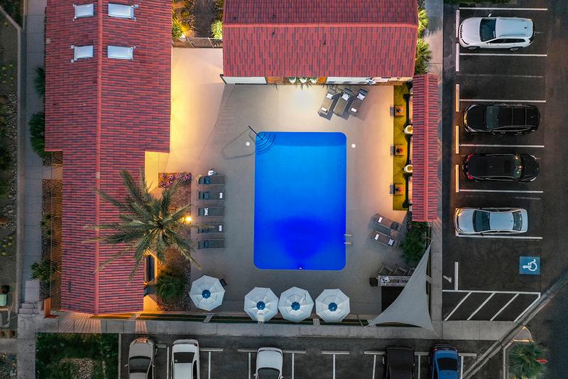 Aerial View of Pool at Night | Enjoy a tranquil, peaceful setting at our pool area at night.