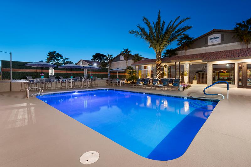 Sparkling Pool at Night | Enjoy a tranquil setting by the pool at night.