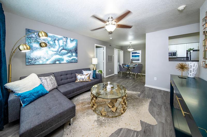 Open Floor Plans | Spacious, open floor plans featuring grey wood-style flooring.