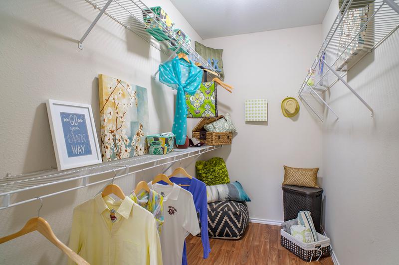 Walk-In Closet | Master bedroom walk-in closet featuring storage shelves.