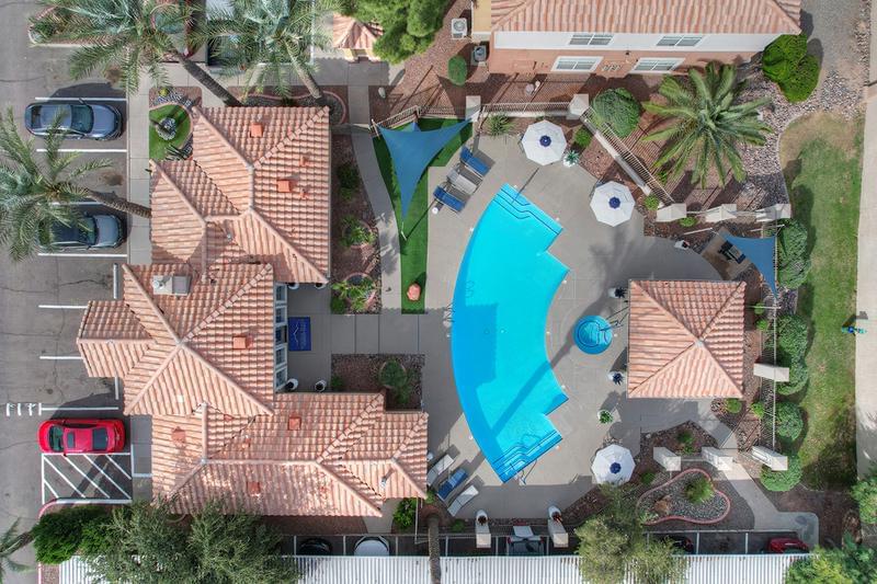 Aerial View of Sundeck | The residents can enjoy resort-style living right in their backyard with our luxurious pool and gazebo!
