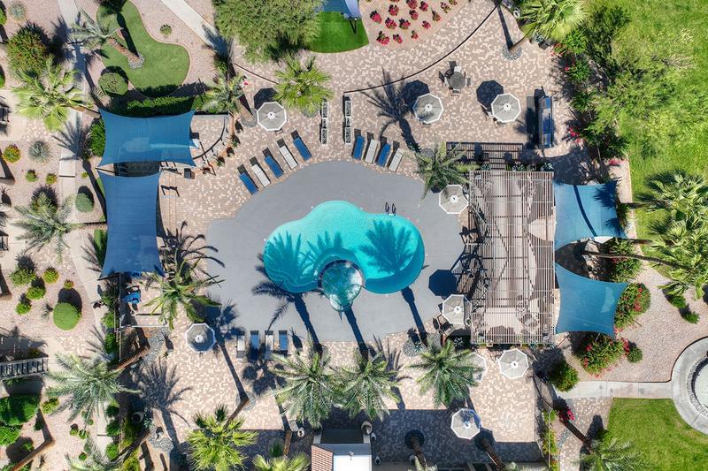 Aerial of Pool Deck | Level 550 is a hidden gem located in Mesa, AZ. Come visit our oasis in the desert!