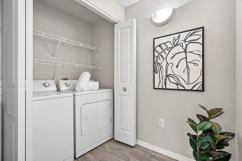 Full-Size Washer & Dryer Included | Separate laundry area with shelving.