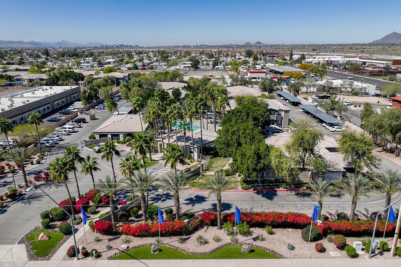 Aerial View of Community | A bird's eye view of Luxe 1930 Apartments in Mesa, AZ. 