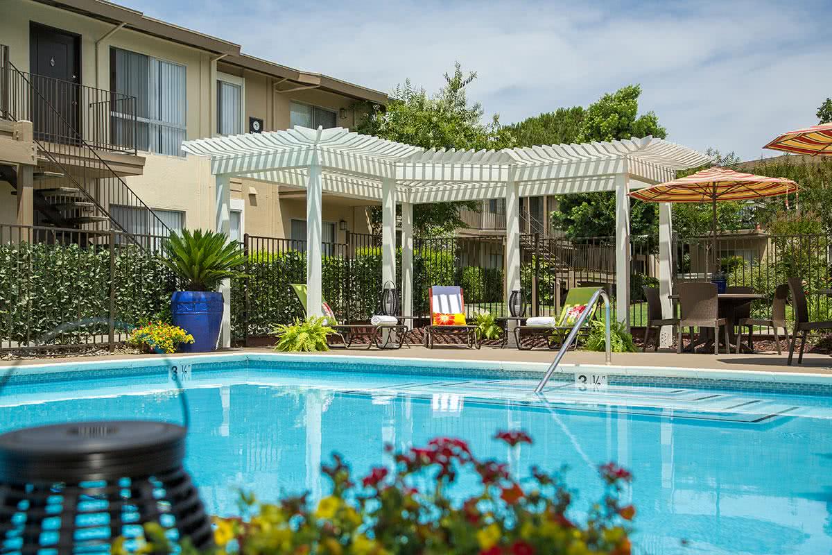 Relax under our trellis next to the pool.