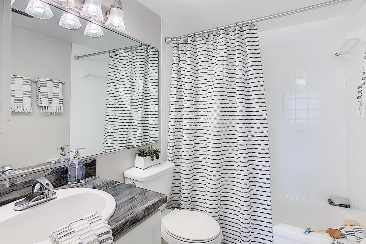 Newly renovated bathrooms featuring black fusion countertops.